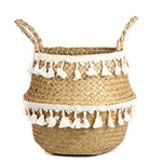 panier tissé paille naturelle boho blanc pompons poignées corde rangement