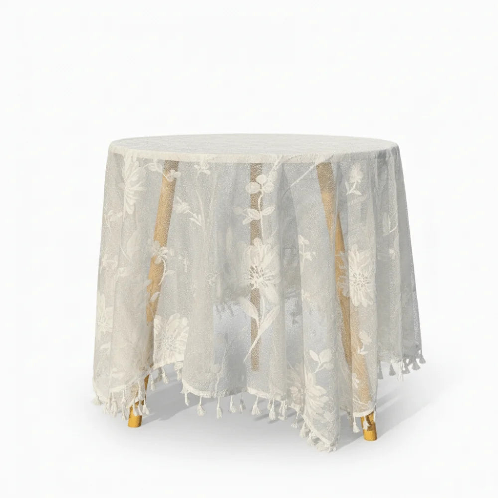 nappe table blanche fleurs brodées bohème anti poussière clips opaques rond vintage