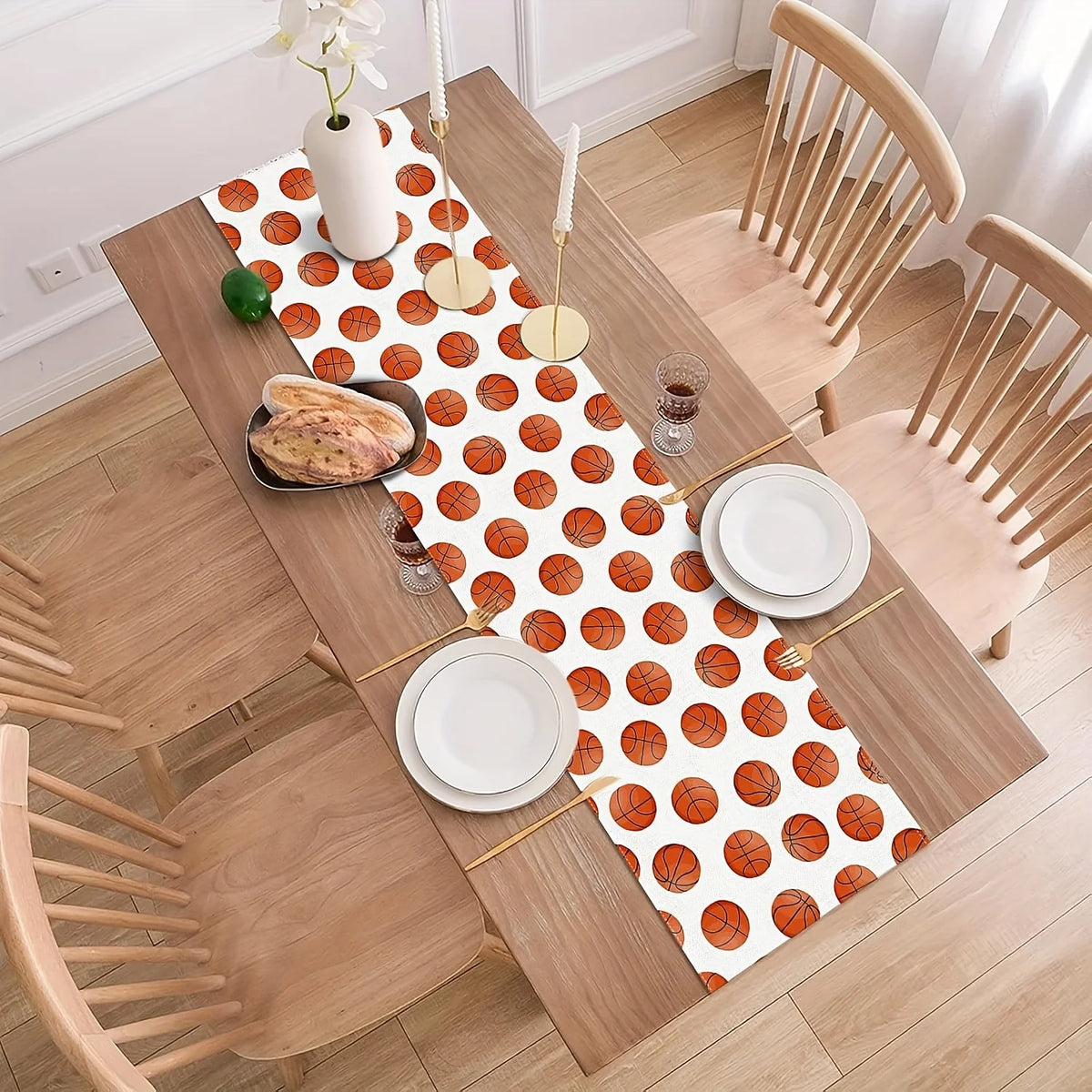 nappe rectangulaire basketball motifs ballons blanc moderne décoration maison festive orangée marron