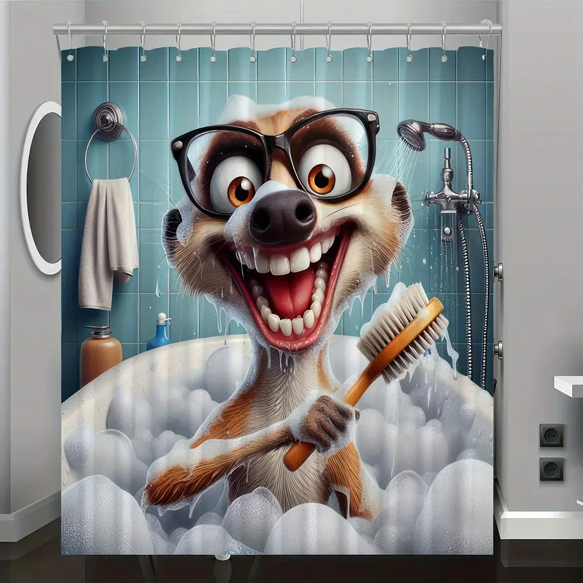 rideau douche polyester dessin animé animal souriant bain lunettes noires brosse dents opacité métalliques