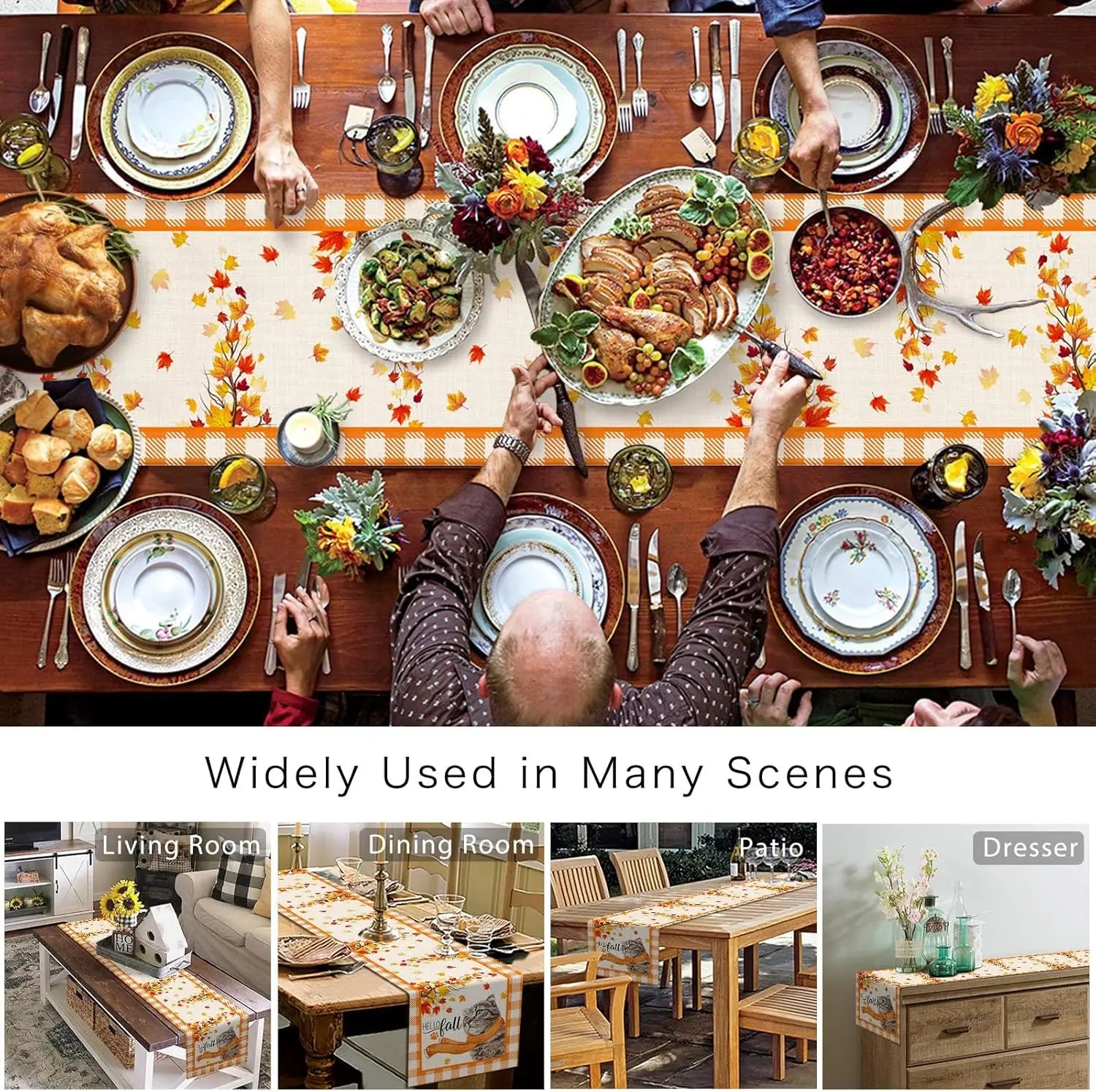 Le texte alt pour cette image pourrait être : "Une table de fête richement garnie de mets et de décorations automnales, mise en scène dans différents espaces du foyer.