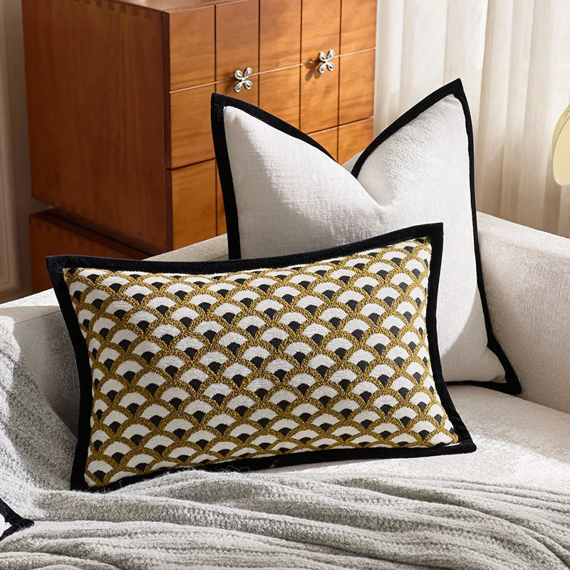housse coussin jacquard géométrique élégant contemporain amovible lavable beige noir marron vert