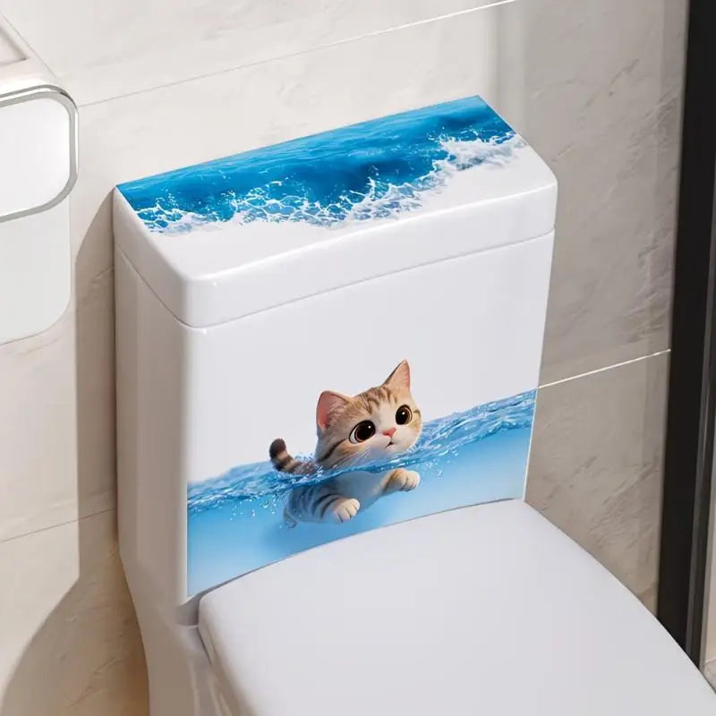 sticker decoratif chat nageur bleu blanc couvercle toilette adhésif amovible maison humoristique