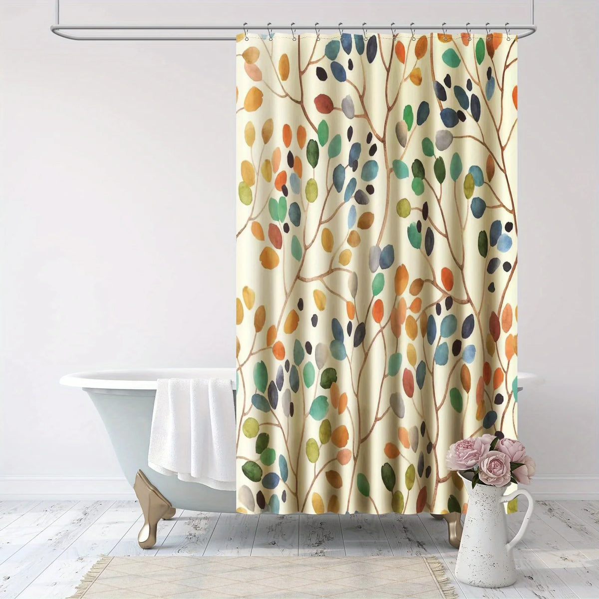 rideau douche botanique motifs feuilles aquarelle couleurs variées tringle métallique
