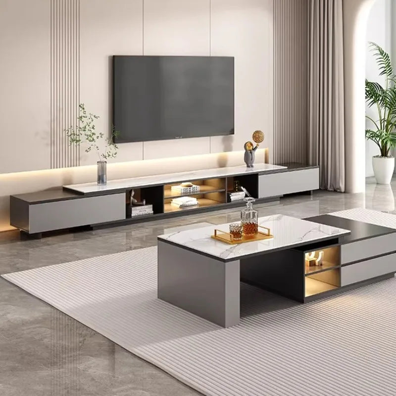 meuble tv moderne gris blanc marbre tiroirs rangement salon