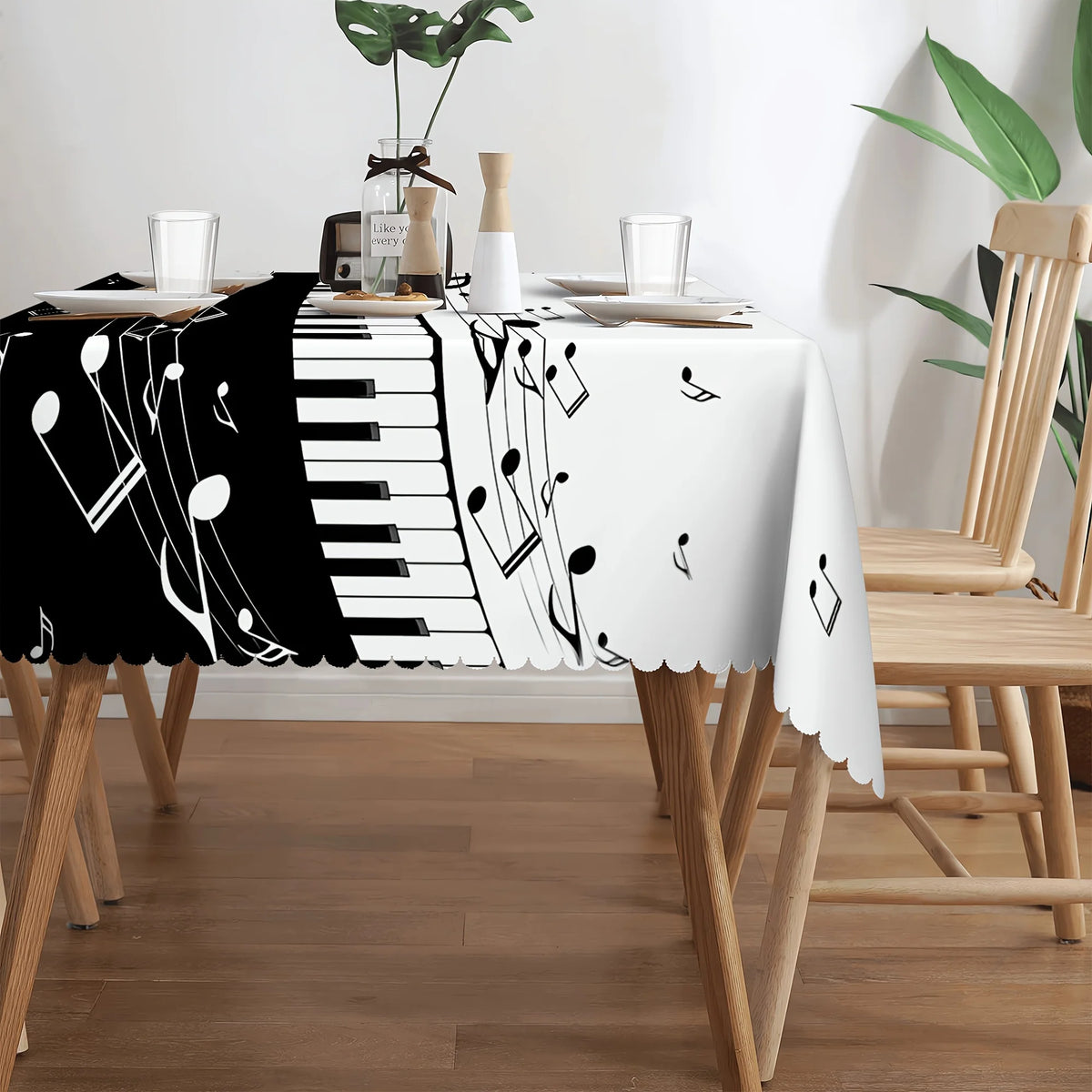nappe table rectangulaire imperméable piano notes musicales moderne assiettes verres couverts opaques réutilisable polyester