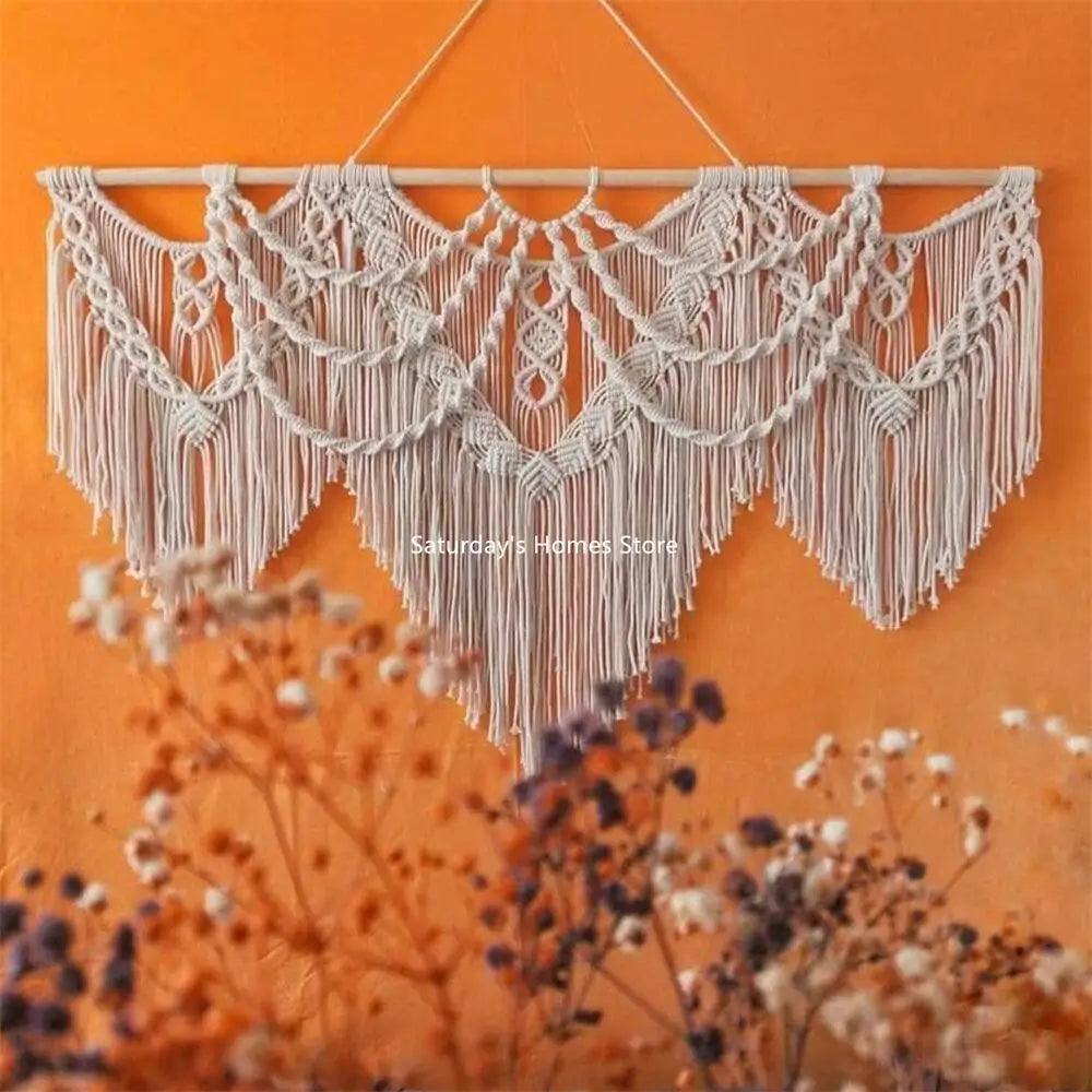 tapisserie bohème macramé coton blanc noeuds géométriques franges opaque salon chambre
