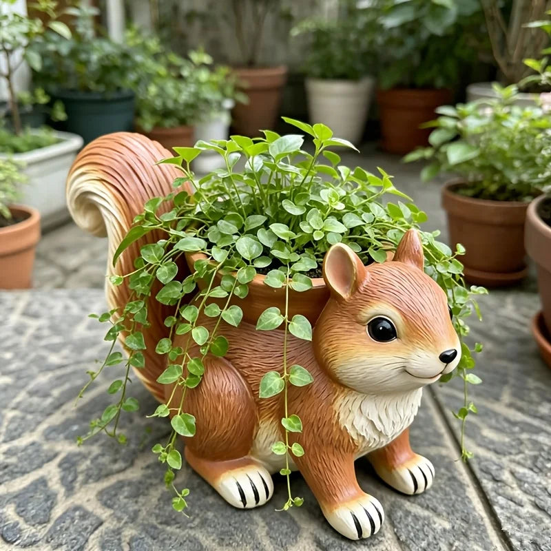 pot fleurs forme écureuil marron fleurs décor animalier extérieur jardins balcon