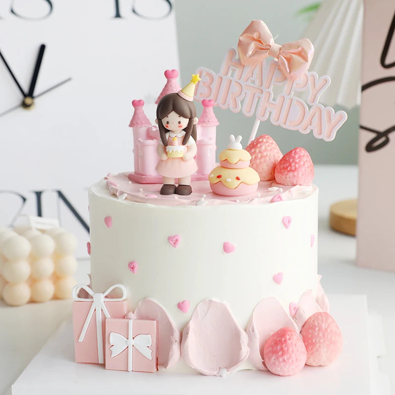 décoration gâteau anniversaire fille château coeurs figurines festives blanc rose