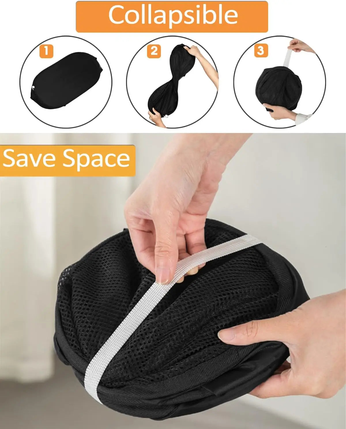panier linge maille noir poignées fermeture glissière pliable salle bain rangement organizer