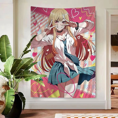 tapisserie murale anime fille rose fleurs coeur décoration chambre bohème japonais textile tissu