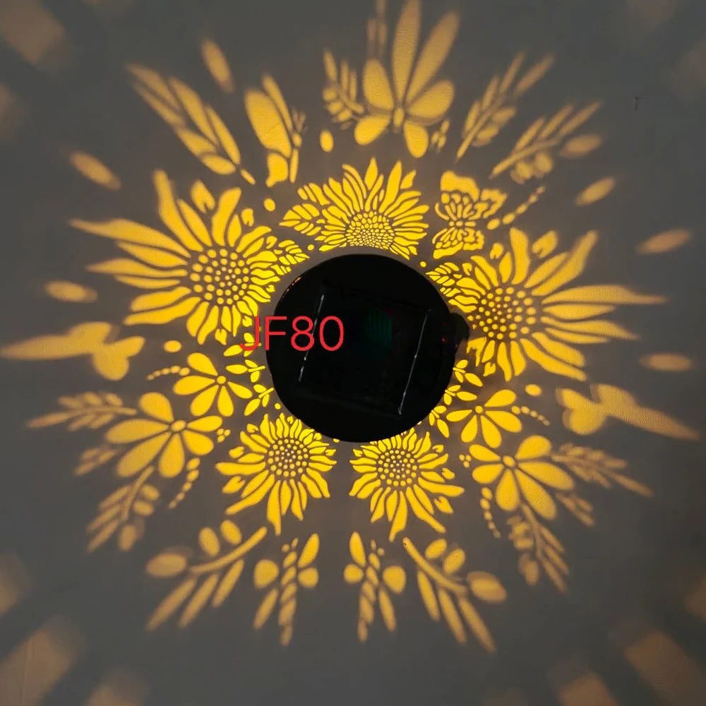 lampe solaire décorative motif floral contemporain noir doré ajourée adhésive extérieure