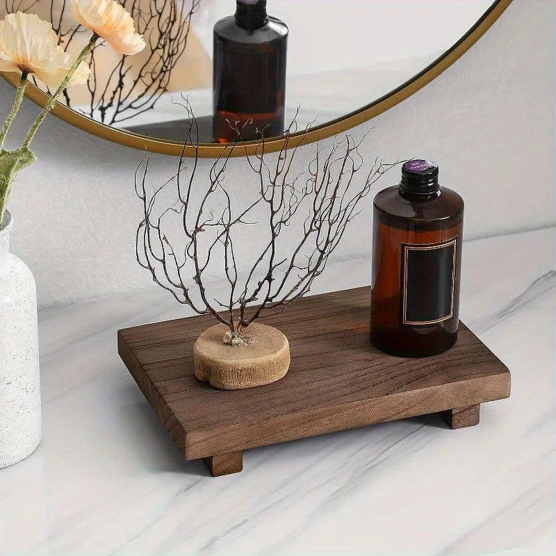plateau rangement bois marron brosse dents savon distributeur vase fleurs séchées minimaliste comptoir vanity
