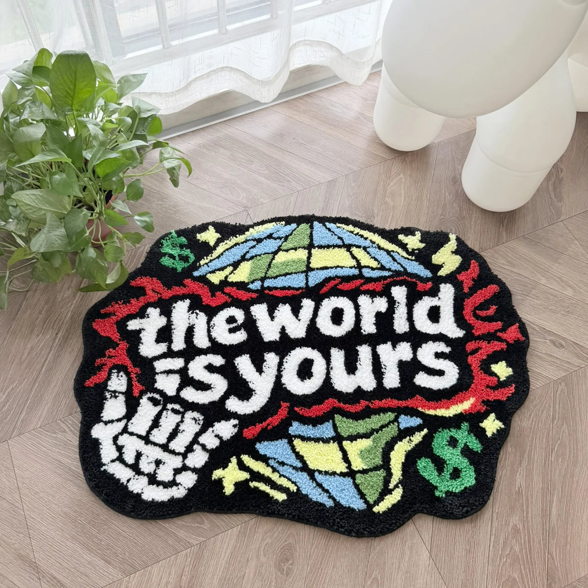 tapis tufté carte monde texte monde est vous symboles monétaires créatif pop art polygone