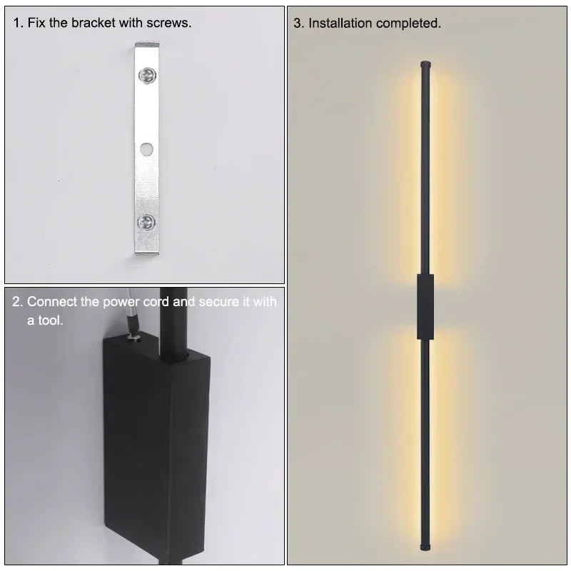 lampe led moderne noire fixée mur 120cm 6500k 4500k 3000k aluminium minimaliste