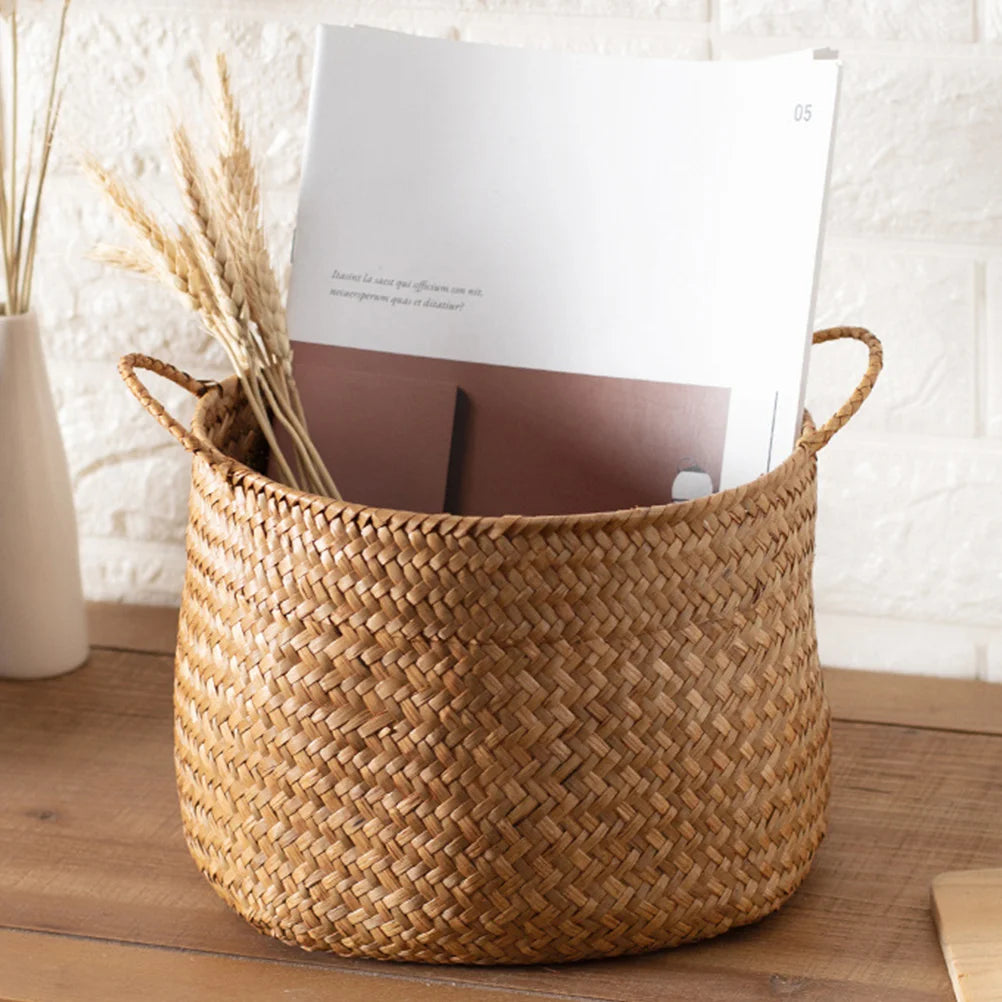panier tressé marron clair bohème rustique magazines herbes séchées tissus opacité totale