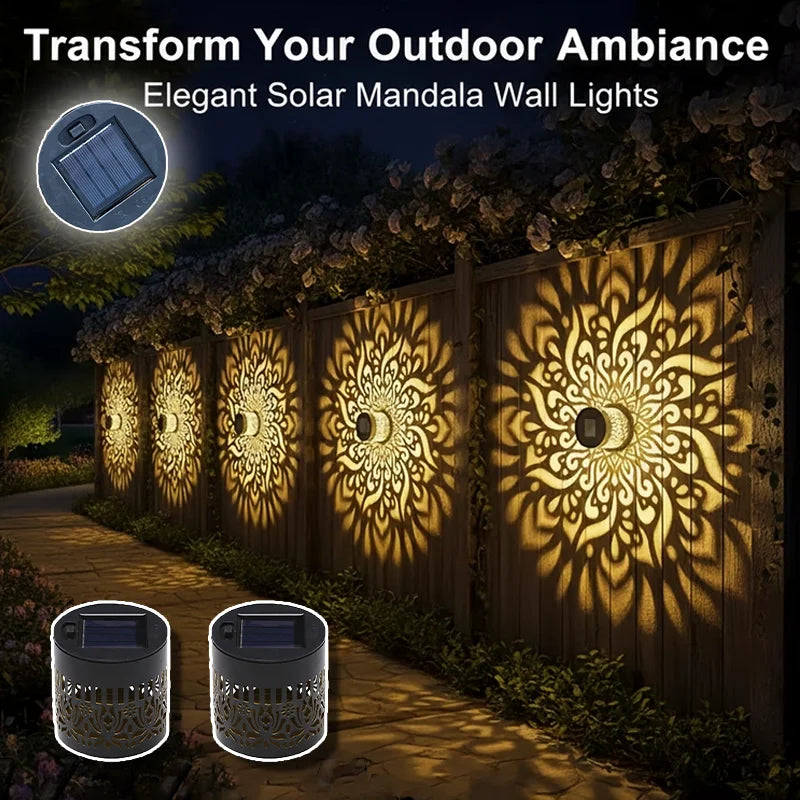 lampe solaire murale mandala noir doré vintage décorative panneau solaire led ip65 abs