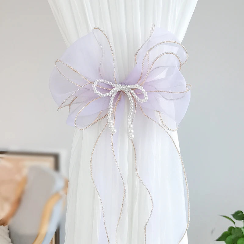 rideau fenêtre transparent rubans décoratifs nœuds dorées élégants maison vintageclair rose blanc