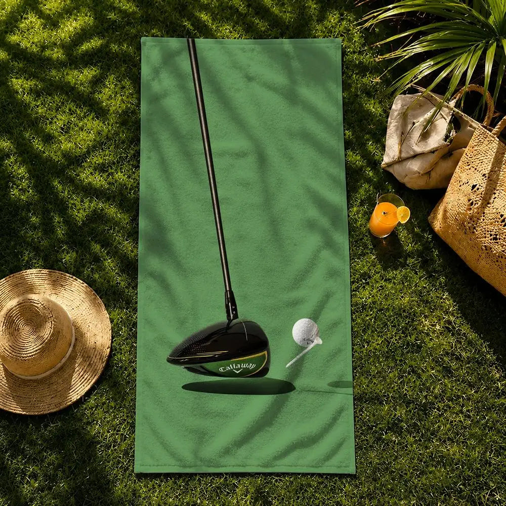 serviette plage microfibre vert foncé motif golf sport clips bois grande