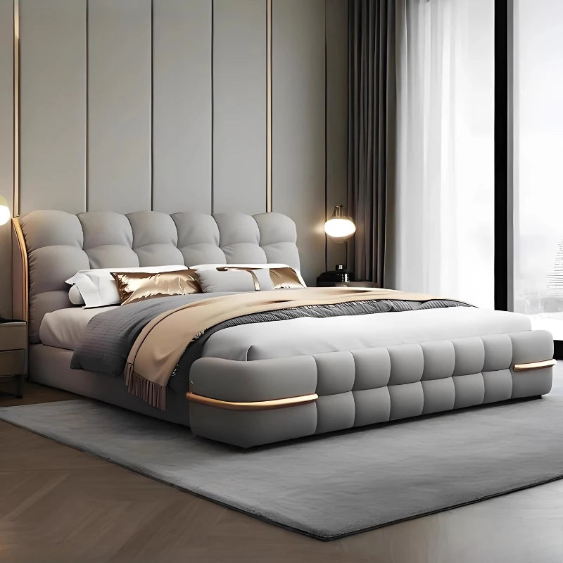lit moderne minimaliste simili cuir gris clair structure bois vis matelassé chambre coucher