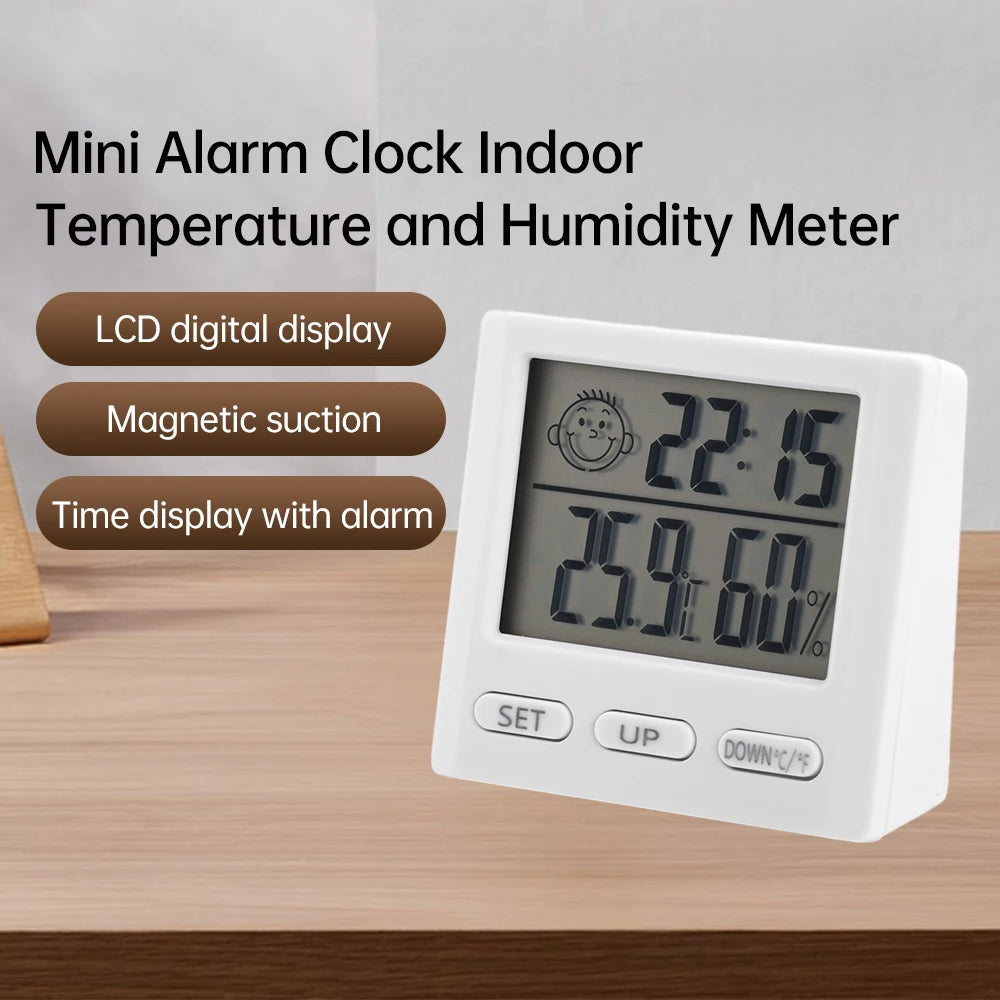 mini horloge alarme blanc affichage température humidité emojis moderne compact lcd numérique