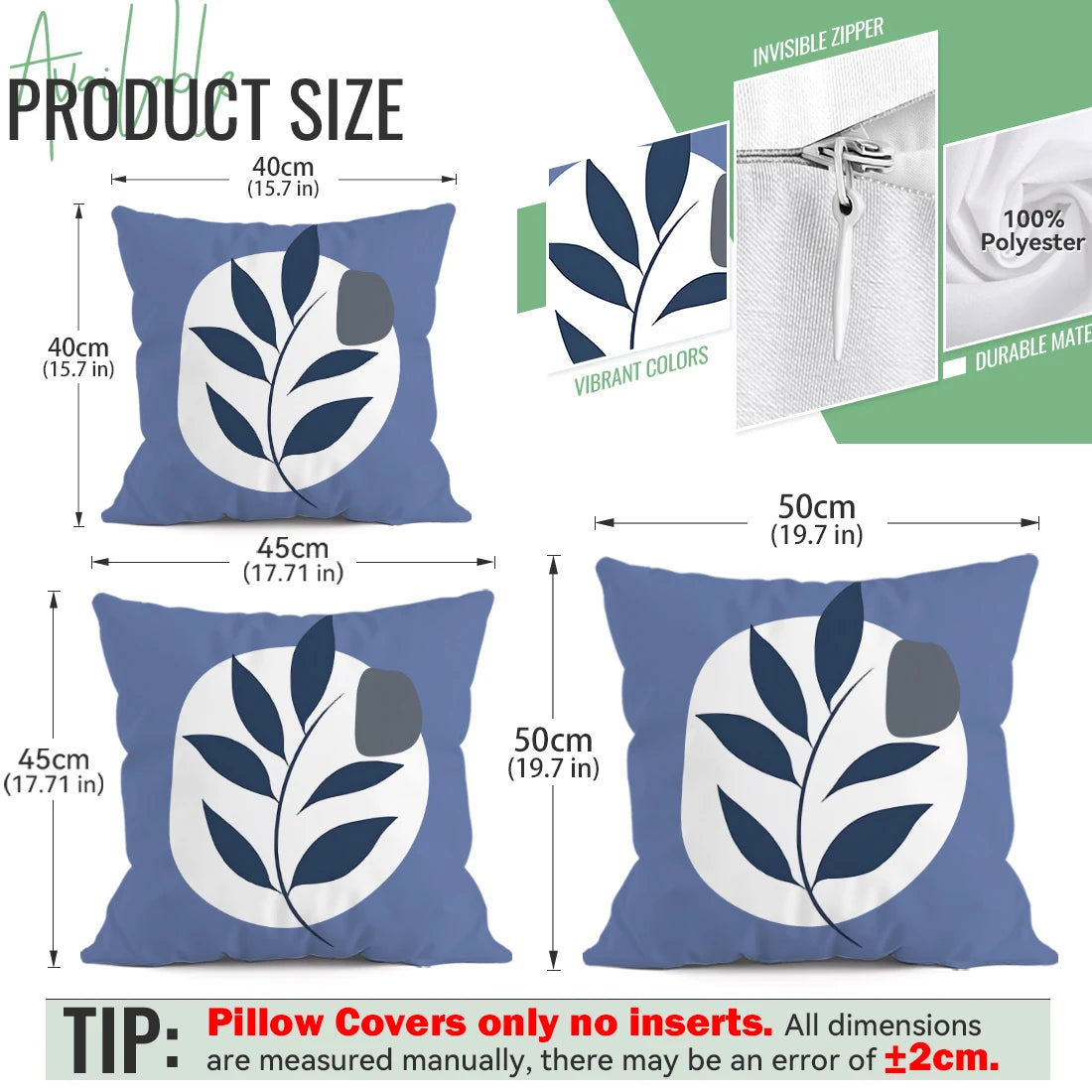 housse coussin géométrique bleu feuilles stylisées moderne 45cm 45cm zip invisible polyester maison
