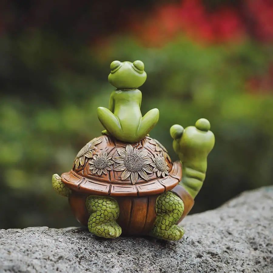 statuette tortue grenouille résine verte marron motifs floraux décoratif jardin animalierextérieur