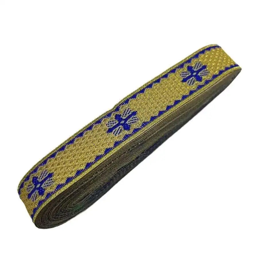 ruban jacquard or bleu motif géométrique polyester largeur cm tissu opacité élégant accessoire vestimentaire