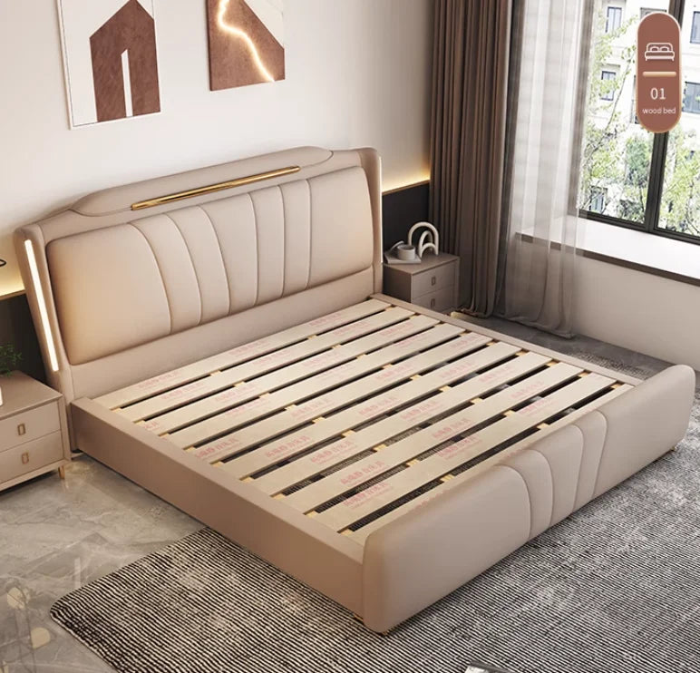 lit moderne bois tiroirs intégrés 182cm 151cm beige simples lignes verticales