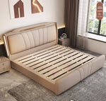 lit moderne bois tiroirs intégrés 182cm 151cm beige simples lignes verticales
