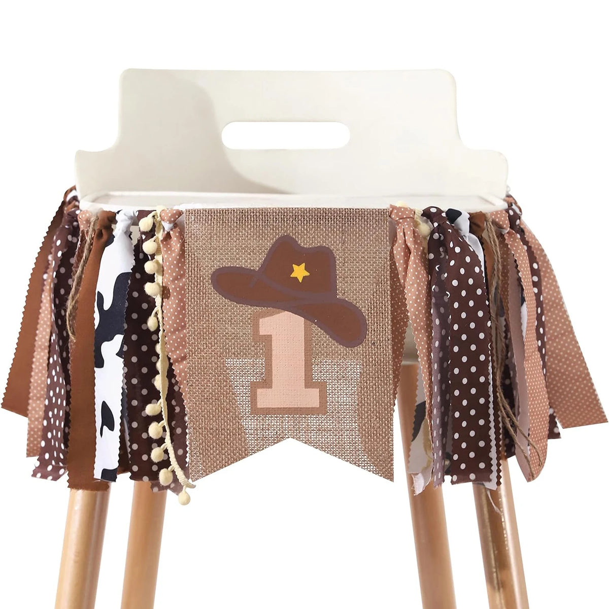 décoration anniversaire thème cow boy set haut chaise bannières gâteau bonnet tissu burlap pompons