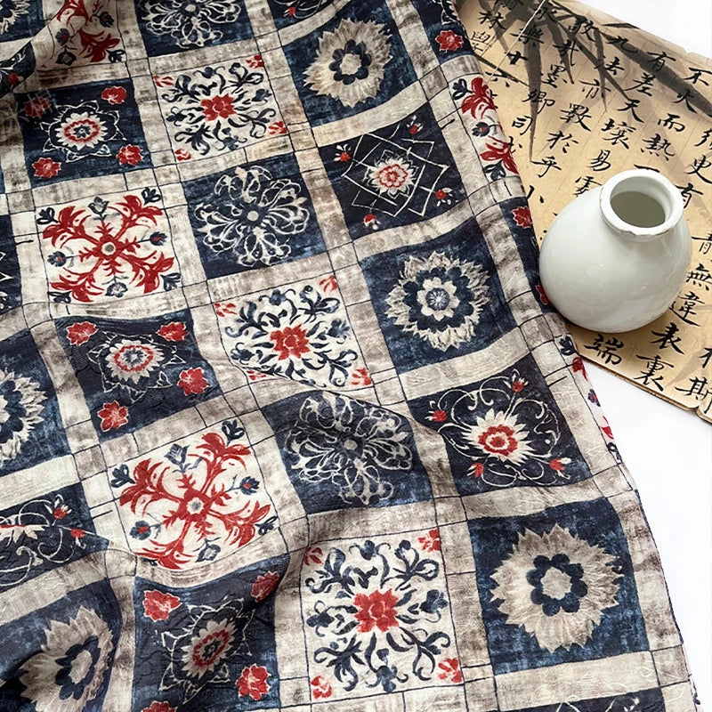serviette vintage patchwork bleu marine beige rouge motifs floraux tissu lyocell nylon résistant