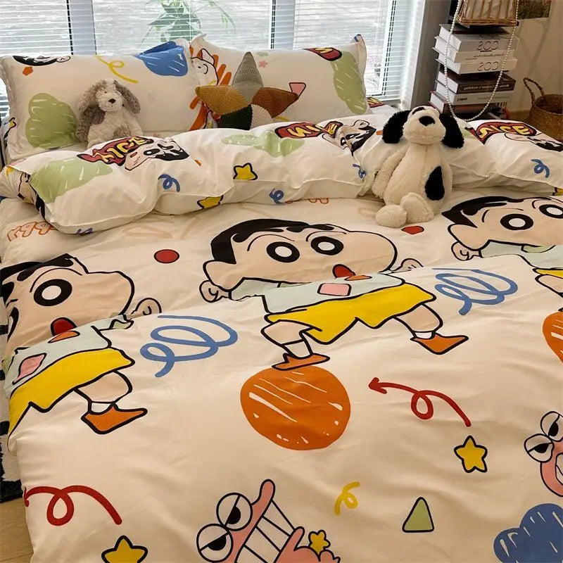ensemble lit parure shin chan dessins animés jaune blanc bleu motifs géométriques oreillers modernes