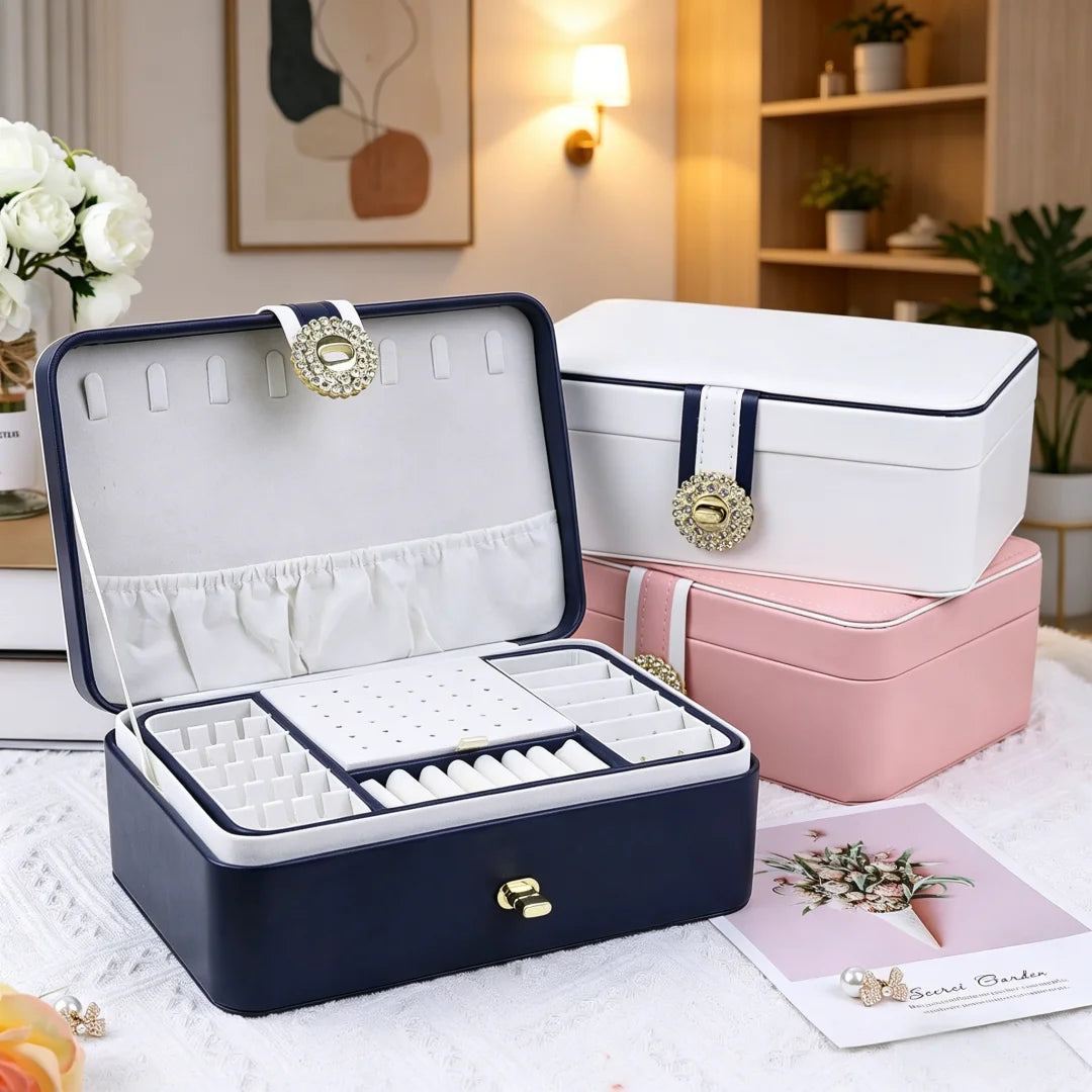 boîtes bijoux simili cuir bleu marine blanc rose pâle compartiments montres boucles doreilles modernes
