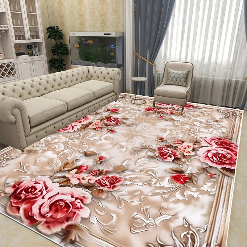Ce tapis décoratif à motifs floraux en nuances de rose et de beige crée une ambiance élégante et sophistiquée dans ce salon moderne.