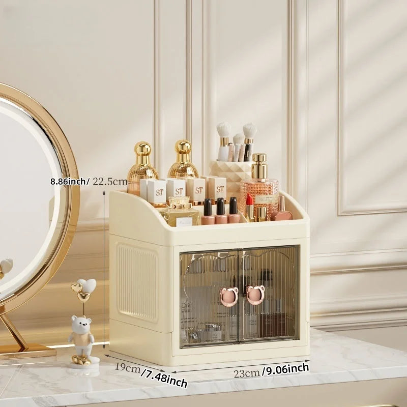 boîte rangement cosmétiques pliable moderne beige clair raisinées verticales brosse parfum crèmes maquillage diverse