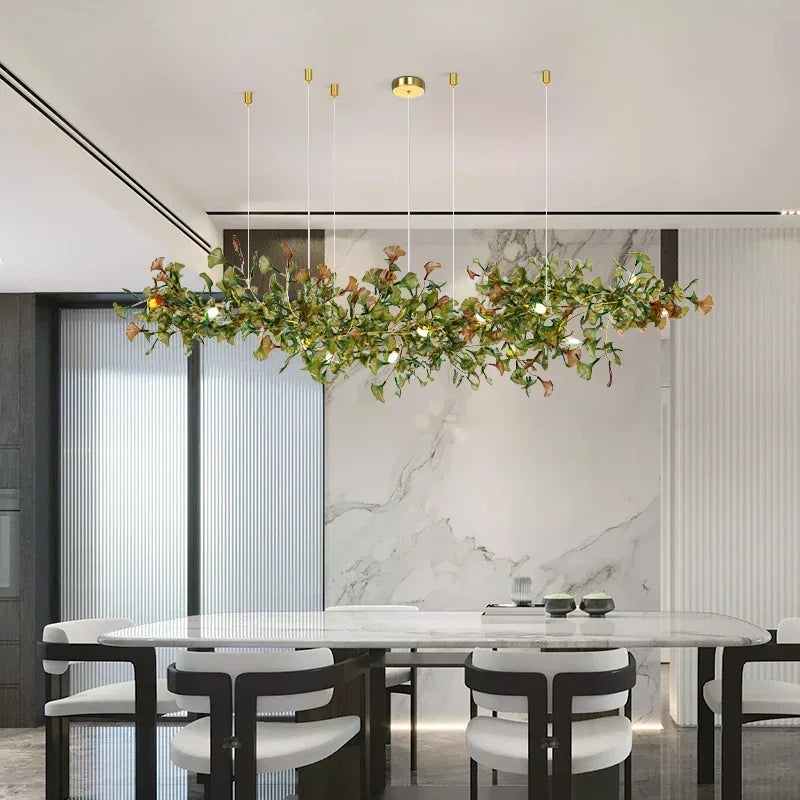 suspension lumineuse moderne feuilles vertes blanches dorées naturelle chambre salon decoration