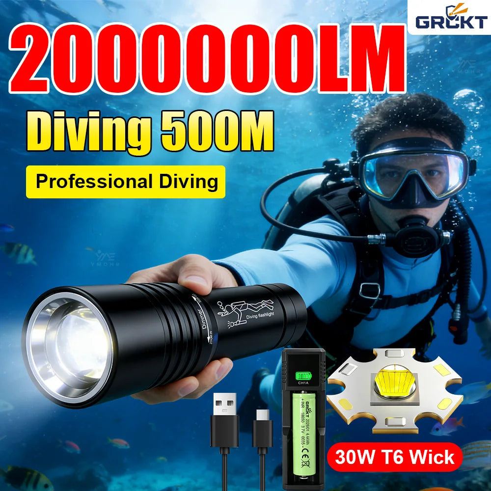 lampe torche plongée rechargeable 30w led 200 500mètres étanche noire modulable