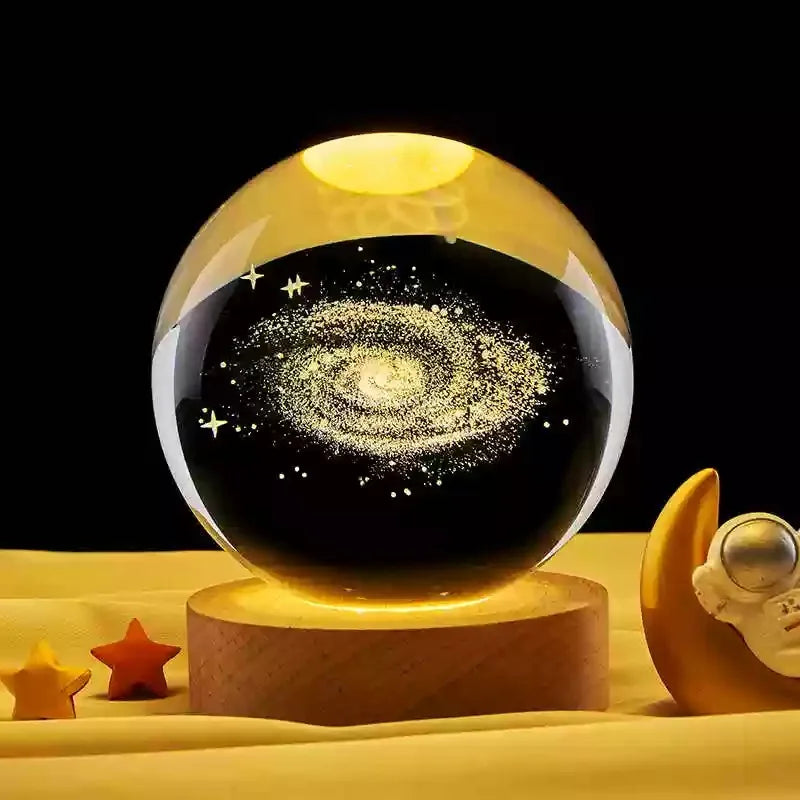 boule cristal galaxie planètes étoiles artisanat 3d base bois figurines astronaute chambre coucher veilleuse