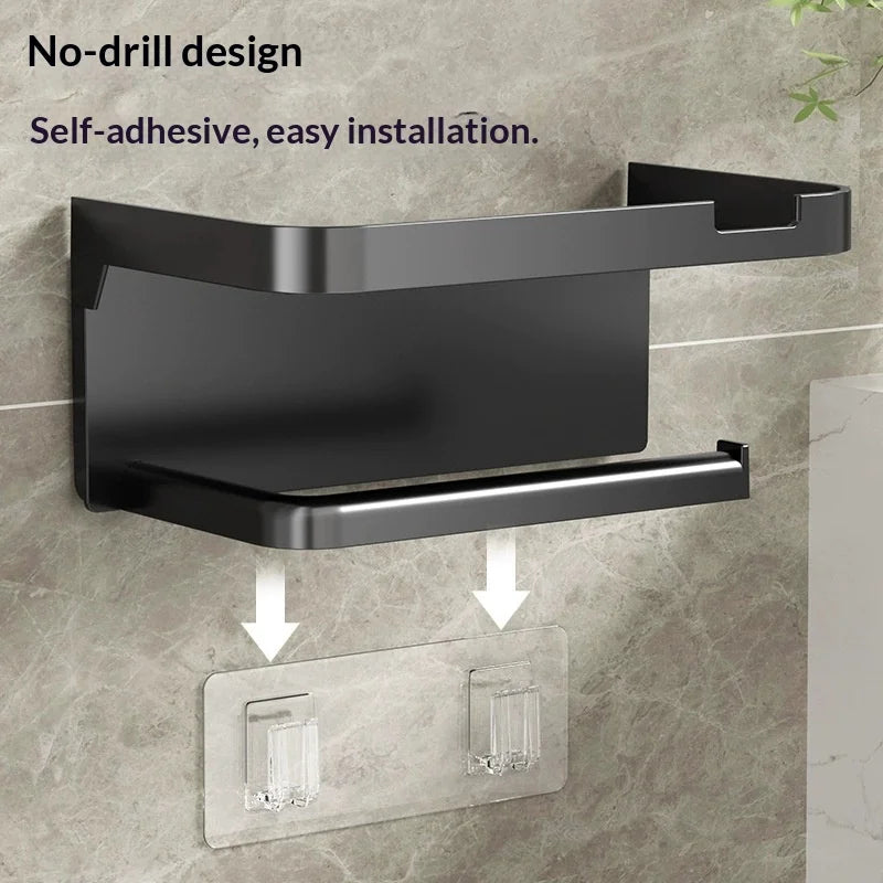 rangement mural moderne noir papier toilette étagère téléphone salle bain minimaliste adhésif flacons plantes