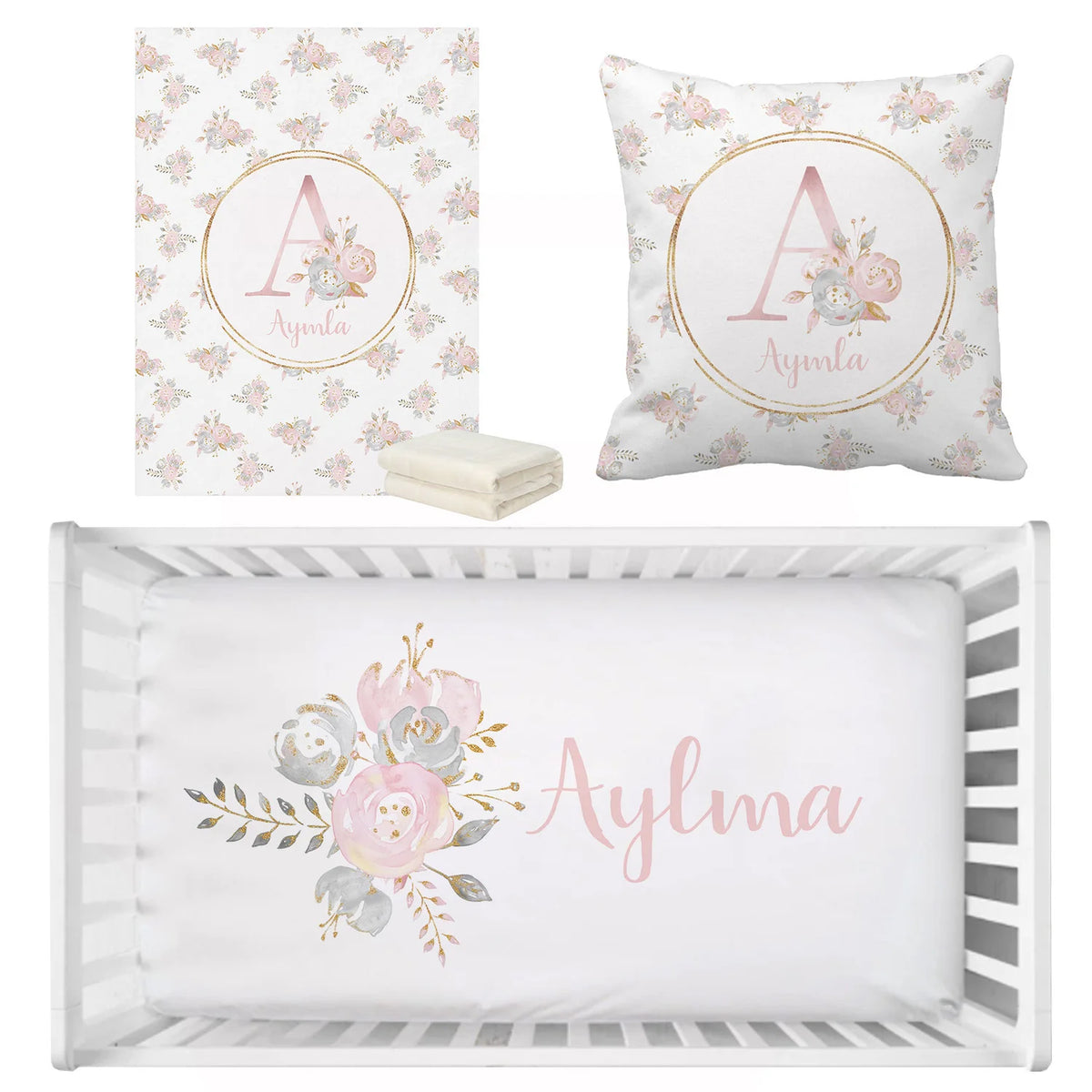 ensemble literie bébé floral personnalisable rose alphabet fleuri couette drap housse coussin decoration nom