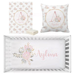 ensemble literie bébé floral personnalisable rose alphabet fleuri couette drap housse coussin decoration nom