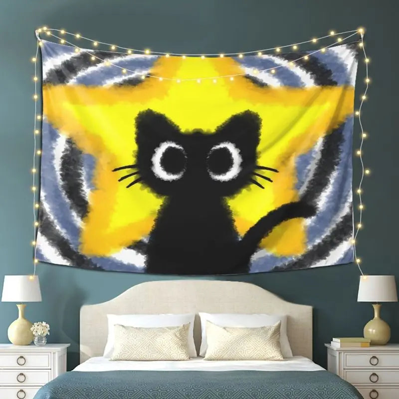 tapisserie murale moderne chat noir yeux blancs fond abstrait polyester lavable grande taille chambre