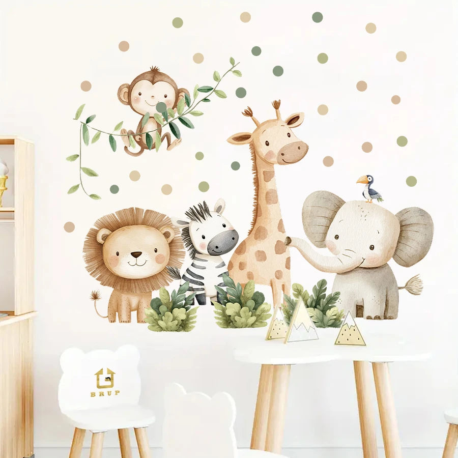 sticker mural animal dessin animé multicolore léopard girafe éléphant singe zèbre décoration enfant chambre