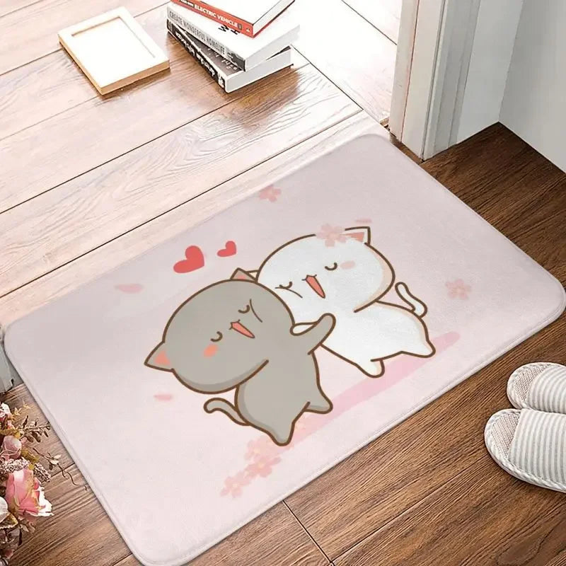 tapis sol moderne motif chat mignon mangeant nouilles rose gris blanc intérieur extérieur