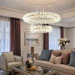 Suspension lumineuse cristal transparent moderne élégante chaînes blanc doré chambre salon