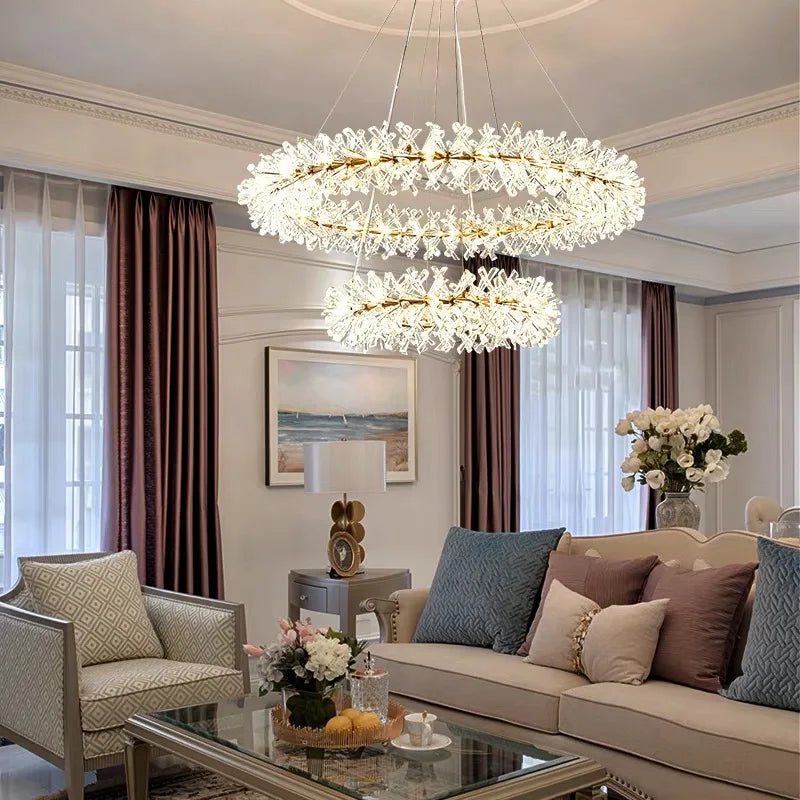 Suspension lumineuse cristal transparent moderne élégante chaînes blanc doré chambre salon