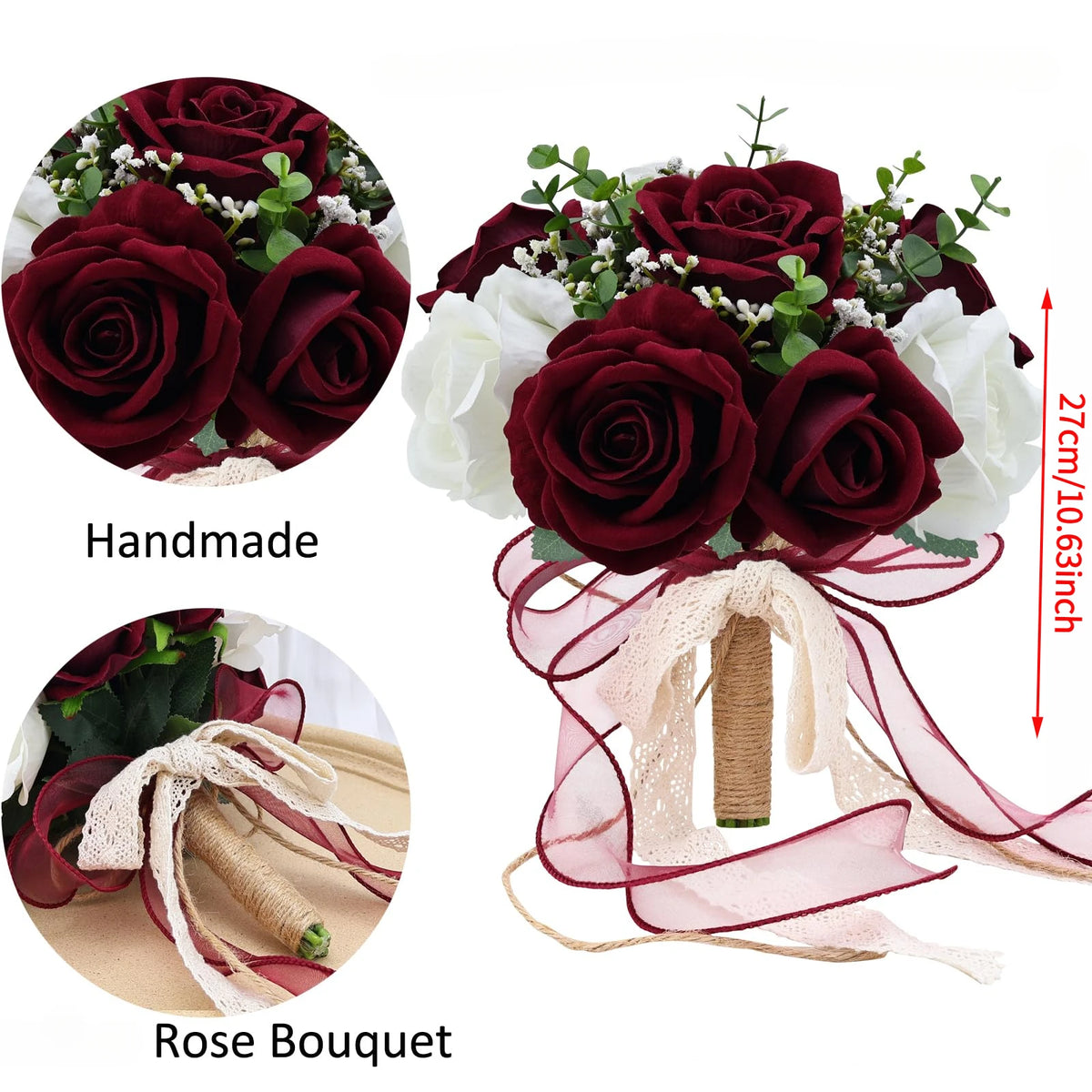 bouquets mariage roses artificielles bleu blanc vert romantique fleurs veloutées feuilles ruban satin blanc