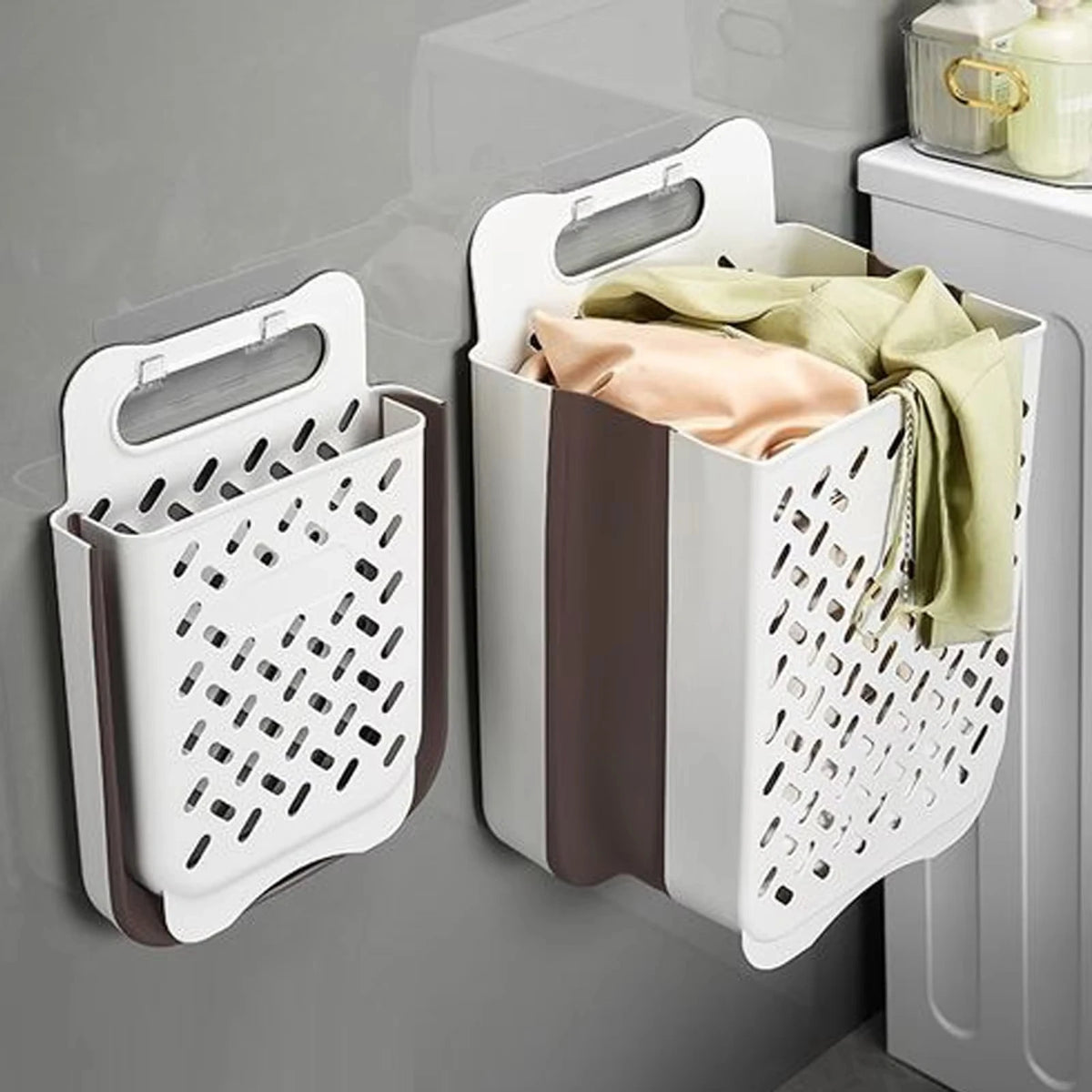 panier linge blanc marron perforé pliable moderne fixé mur multifonctionnel