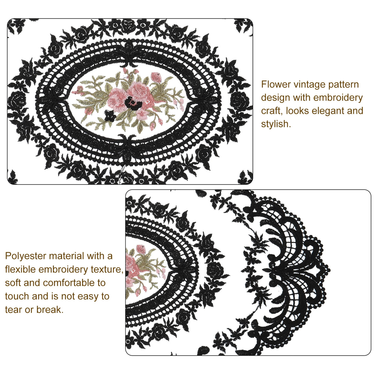 serviettes table vintage noires broderie florale dentelle réutilisables maison mariage